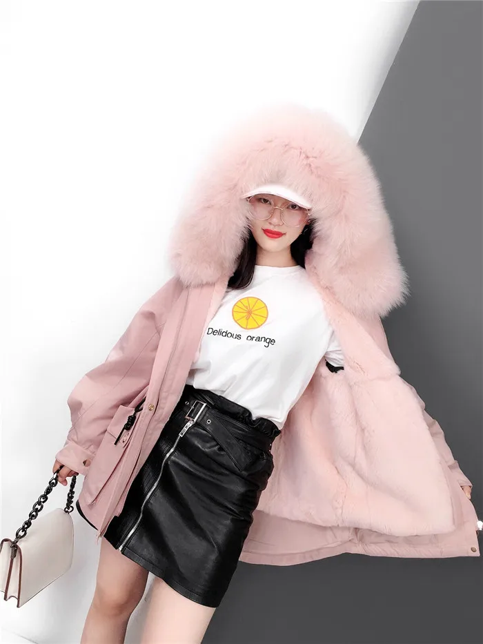 Back flowers embroidery letter real fur parka coat women thick rabbit fur lined short winter jacket real fox fur collar hood