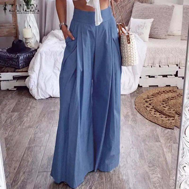 

ZANZEA Women High Waist Wide Leg Pants Casual Pockets Long Trousers Cotton Linen Pants Back Zip Office Lady Work Chic Bottoms