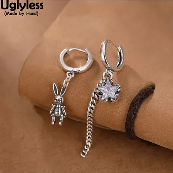 

Uglyless Asymmetric Rabbit Bunny Earrings for Women Zircon Star Earrings Thai Silver 925 Silver Ear Hoops Silver Chains Jewelry