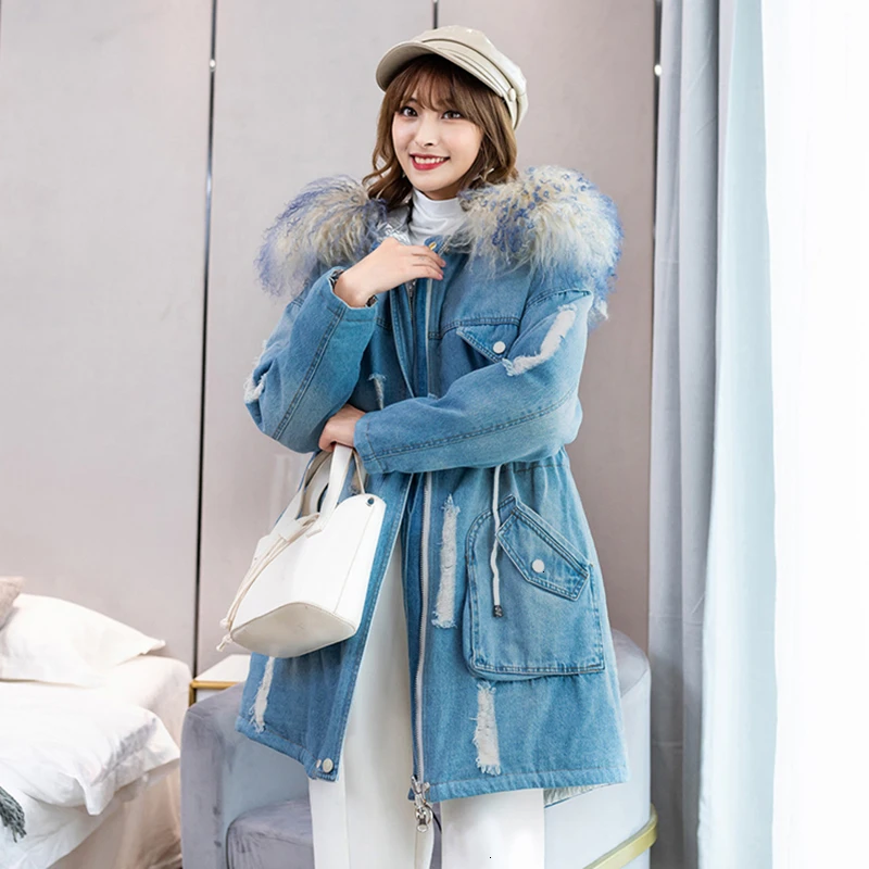TWOTWINSTYLE винтажные Лоскутные деним с мехом хлопковые пальто женские с капюшоном воротник рукав высокая Талия куртки на кулиске женская мода