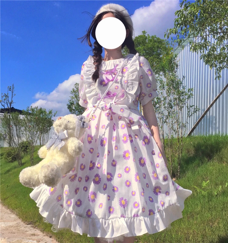 2020 Summer Soft Girly Ruffled Puff Sleeve Floral Printed Lady Dress Female Japanese Sweet Kawaii Cute Lolita Style Women Dress