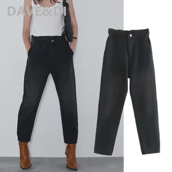 

Dave&Di 2020 england high street vintage washed loose mom jeans woman high waist jeans solid basic boyfriend jeans for women