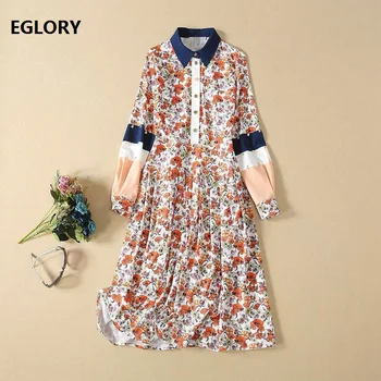

Novia Party 2019 Autumn Fashion Style Women Turn-down Collar Elegant Flower Print Golden Buttons Up Long Sleeve Beautiful Dress