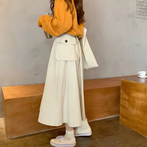 Apricot Faldas mujer moda женская одежда повседневные Карманы корейский стиль сафари эластичная юбка с высокой талией ulzzang Harajuku длинные юбки - Цвет: Apricot
