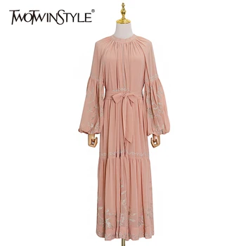 

TWOTWINSTYLE Elegant Print Summer Dress Women O Neck Lantern Long Sleeve High Waist Ruched Hit Color Dresses Female Clothes Tide
