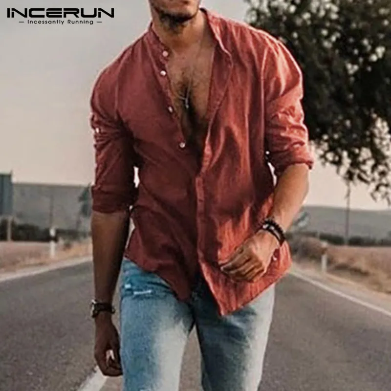 INCERUN 2019 Мужская Повседневная рубашка однотонная Модная Повседневная блузка с длинными рукавами и воротником-стойкой хлопковые мужские