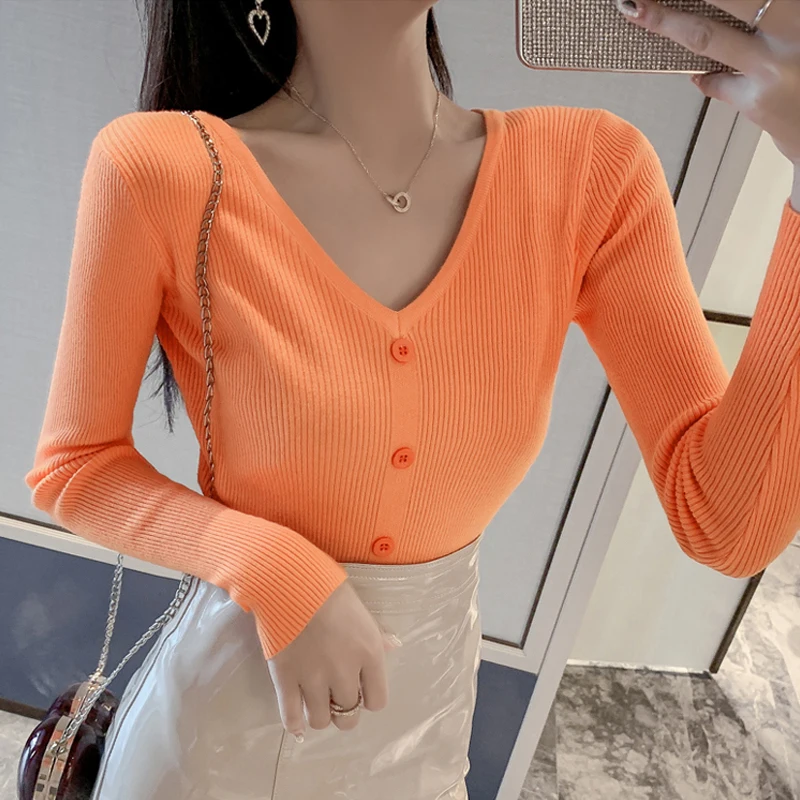 

Sexy Blusa Women Tops Fashion 2020 New Slim Long Sleeve Knitted Sweater Women's Clothing White V-Neck Women's Sweater 980C