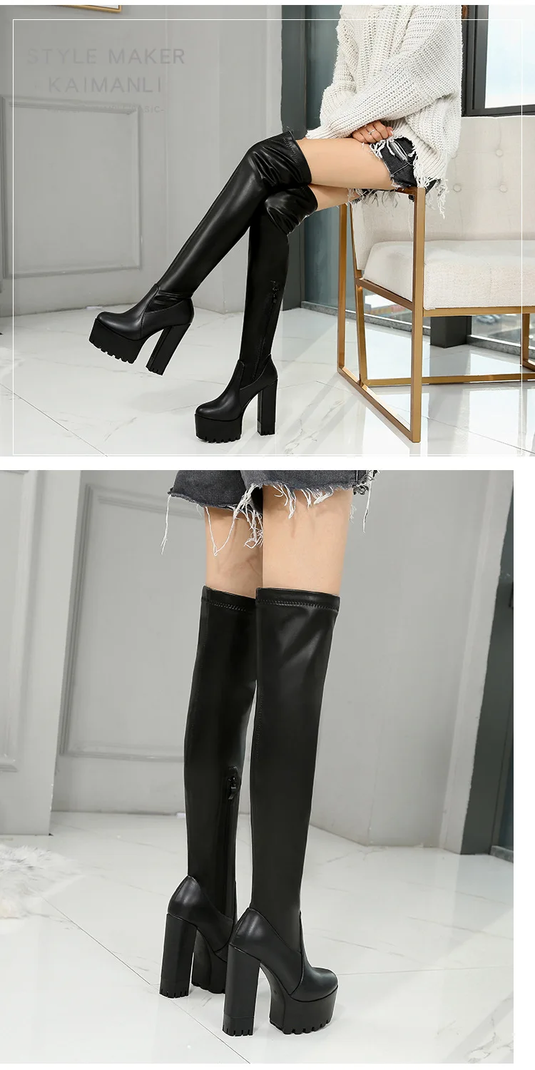 14Cm Square Heel Long Boots Over-The-Knee Womens Boots High Heel Stovepipe Stretch Boots Sexy Waterproof Platform High Heels