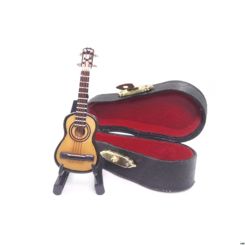 

1:12 Scale Dollhouse Mini Guitar Miniature Model with Stand Musical Instrument Box Case Decor Doll House Accessories Toy
