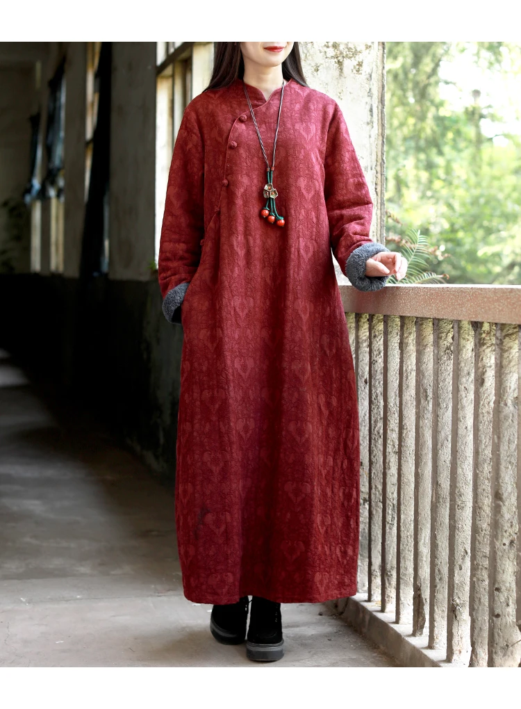 LZJN Chinese Dress Women 2019 Autumn Winter Long Sleeve Cheongsam Qipao Jacquard Fleece Lined Warm Thick Dress Robe Vestidos (22)