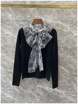 

2020 Spring New Women's Knitwear Print Bow Patchwork Collar Pullover Long Sleeve Sweater Top