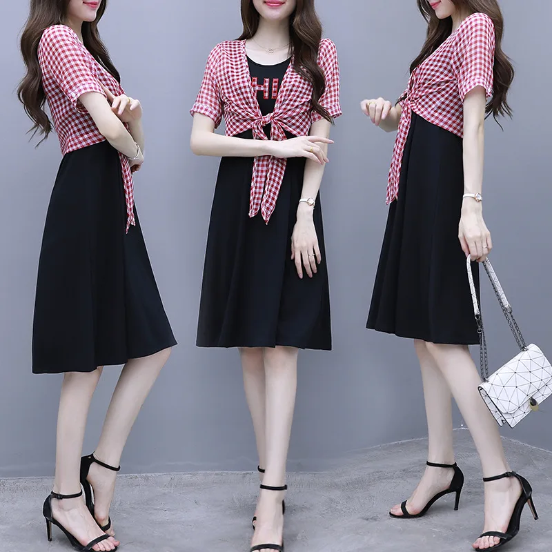 

Strapped Dress Female Spring New Style 2019 Popular Skirt Very Fairy Short-height Plaid Dress Outfit Summer Two-Piece Set