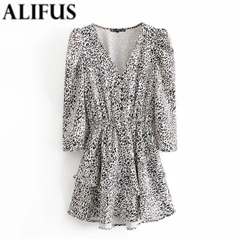 

"Fashion Za Women's dress 2020 leopard print Chic V-Neck Long Sleeve Casual Mini Dresses Female Ladies Vestidos