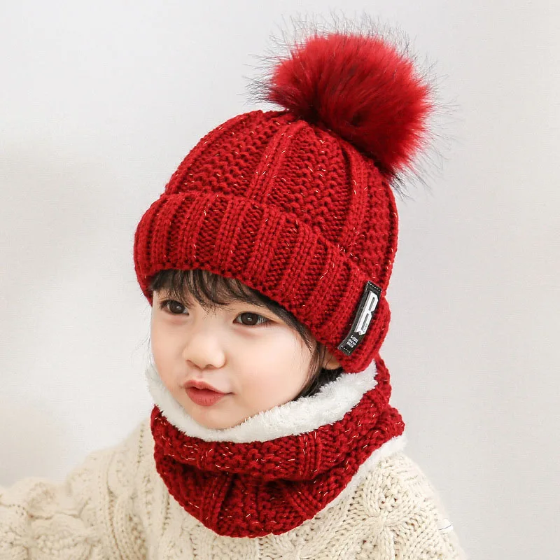 

2020 Winter knitted Beanies Hats Kids Thick Warm Beanie Skullies Hat Girls knit Letter Bonnet Beanie Caps Outdoor Riding Sets
