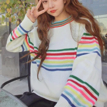 

Autumn Winter Cute Sweater 2019 Loose Pullover Large Size Rainbow Color Print Sweater Long Sleeve New Hot Sweater