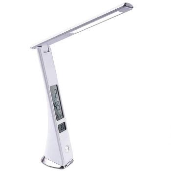 

LED Desk Lamp, Table Lamp 5W USB Charging Port,Press Control Dimmable, Built-in Clock, Thermometer for Reading