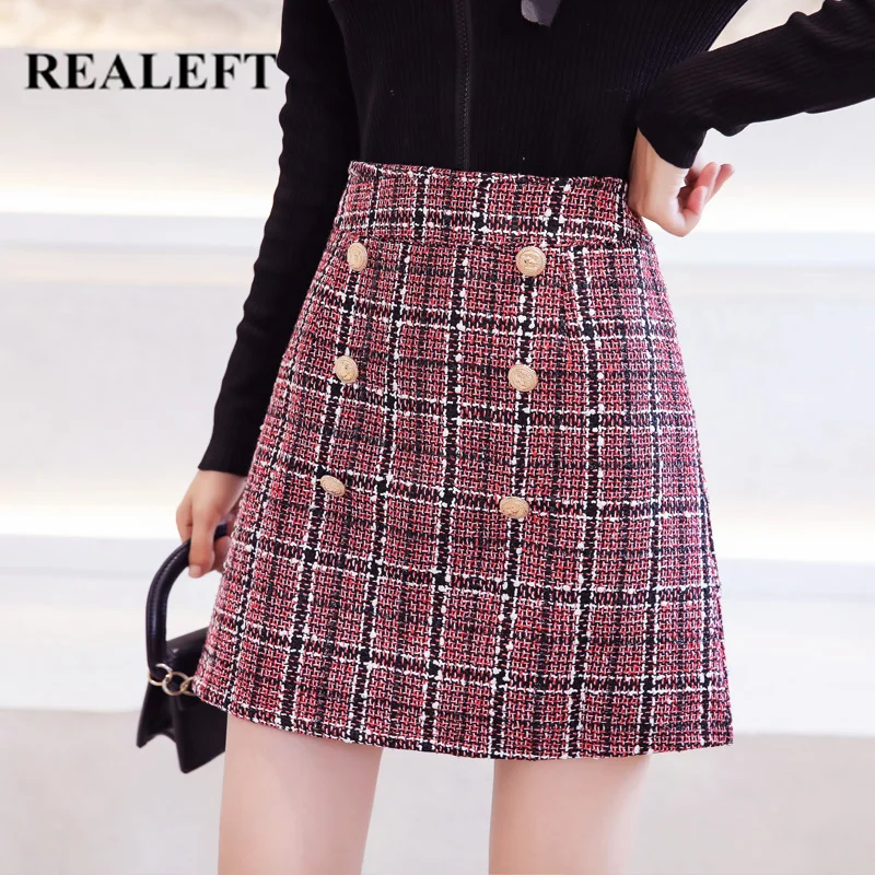 

REALEFT Autumn Winter Warm Woolen Vintage A-Line Skirts High Waist Plaid Sexy Mini Wrap Skirt Double Breasted Short Skirt Female