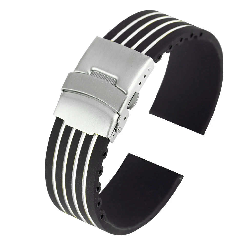 

Silicone Watch Strap 22MM 18MM 24MM 20MM In Watchbands Concise White Stripe Bracelet Durable Waterproof Wristwatch Band correa