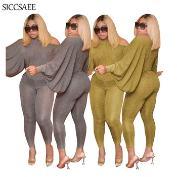 

Solid Golden Silk Two Piece Set Batwing Sleeve Crop Top And Pants Lame Glitter Sweat Suit Sexy Casual Sparkly Clothing Costumes
