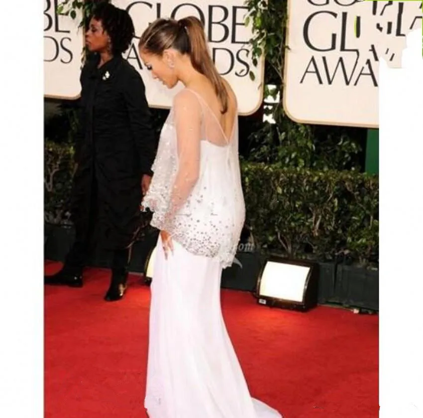 White Formal Celebrity Dresses A-line Spaghetti Straps Chiffon Beaded Slit Long Evening Dresses Famous Red Carpet Dresses