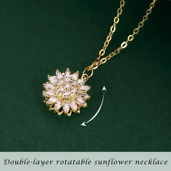 

Rotatable Sunflower Necklace 925 Sterling Silver Zircon Crystal Women Necklace Luxury Clavicle Chain DTT88