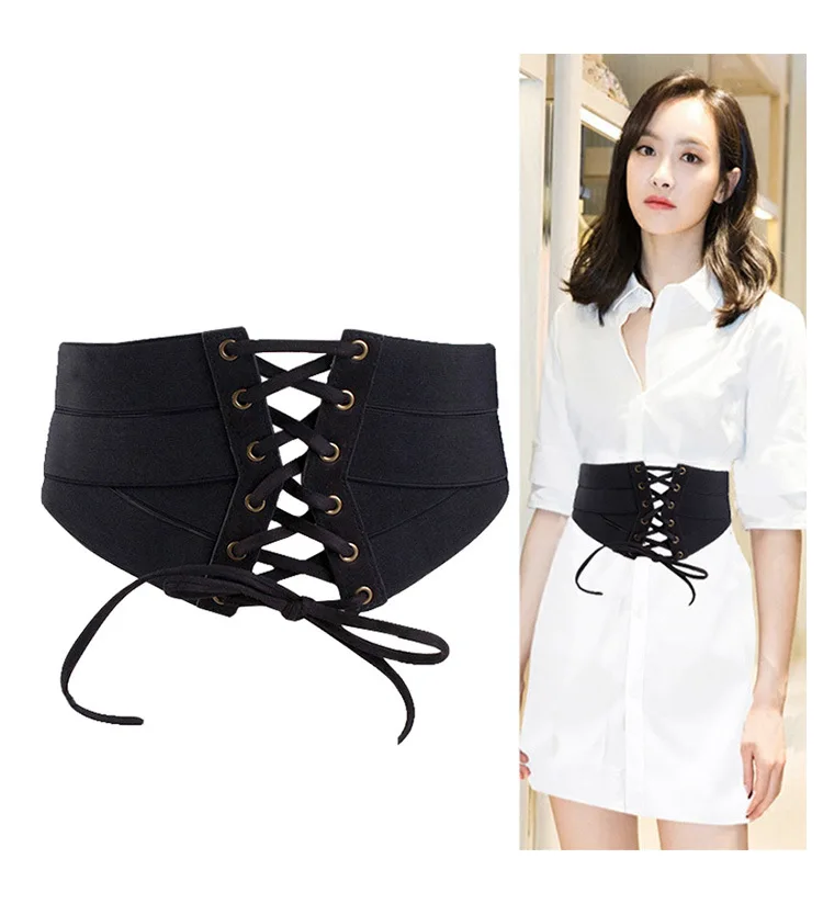 Lady Super Wide Elastic Belt Lace up Waist Cincher Cumcumber Vintage Waist Harness Waistband