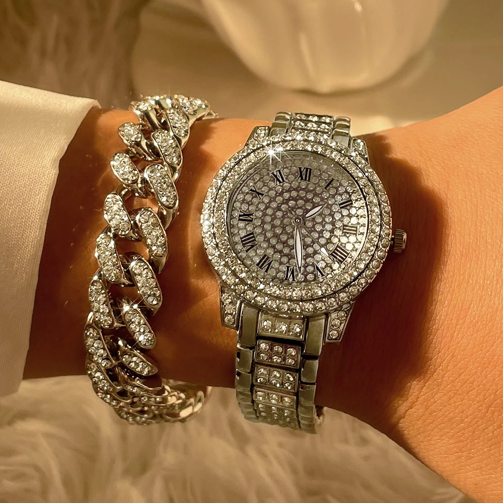 Iced Out Rose Gold Silver Color Watch Women's Luxury Rhinestone Cuban Chain Bracelet Watches Fashion Wrist Watch Hip Hop Jewelry