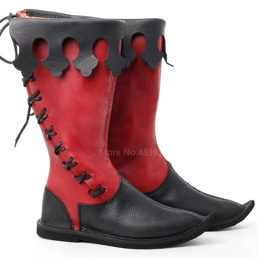 Medieval Leather Boots Renaissance Viking Pirate Shoe Mens Brown Long Shoes 