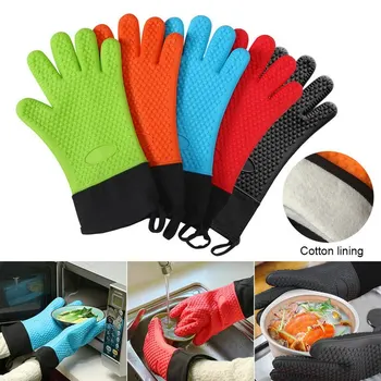 

Hot 2pcs Heat Resistant Silicone Glove Thick BBQ Grill Gloves Kitchen Waterproof Oven Cooking Mitts Grill Baking Gloves