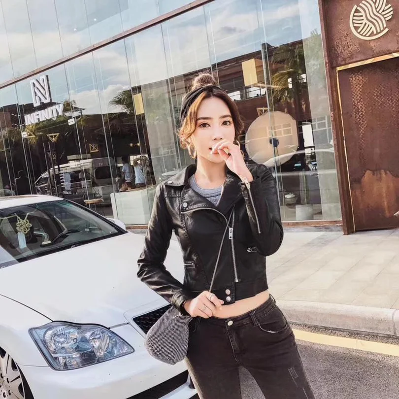 

Taotrees Autumn Solid Color Slim Lapel PU Short High Waist Female Locomotive Leather Jacket