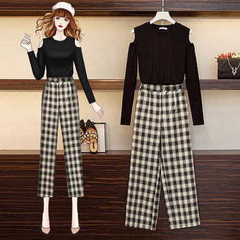 

2020 Autumn Korea Off Shoulder Solid Long Sleeved T-Shirt High Waist Straight Plaid Pant Two Piece Casual Women's Sets
