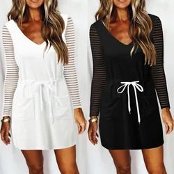 Jaycosin feminino outono listrado malha bodycon vestido mangas compridas elegante coreano com decote em v cintura cordão casual mini vestido