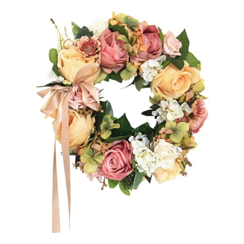 Artificial Rose Flowers Wreath Round Shape Rose Floral Loop Pink Wedding Garland Wedding Party Home Decor