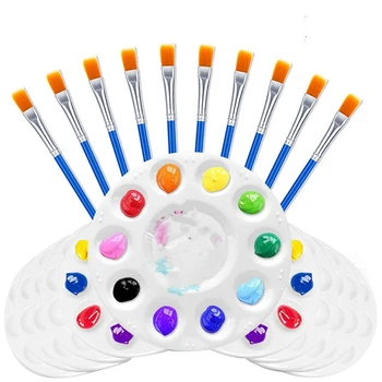 

HOT-10 Paint Palette Trays and 10 Flat Nylon Paint Brushes Set for Kids Art Classes, School Project Birthday Painting Party