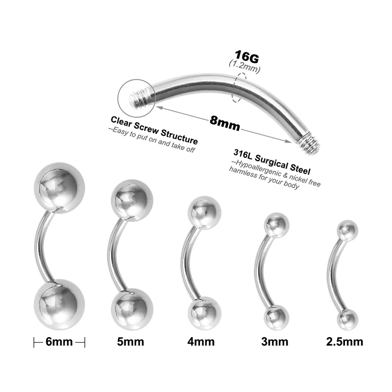 Piercing Jewelry Body Piercing Earrings Ear Piercing Jewelry Metal Jewelry Body Piercing Jewelry Body Jewelry 5pcs 2.5-6mm Eyebrow Piercing Banana Lip Ring Stainless Steel Curved Barbell Stud Helix Navel Cartilage Earring Body Jewelry 16G