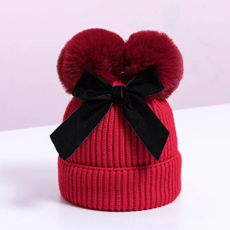 Czapki Dla Dzieci детская зимняя шапка, детская шапочка, шапка с помпоном, вязаная шапка для маленьких девочек, шапка с двумя помпонами, детская шапка - Цвет: Red