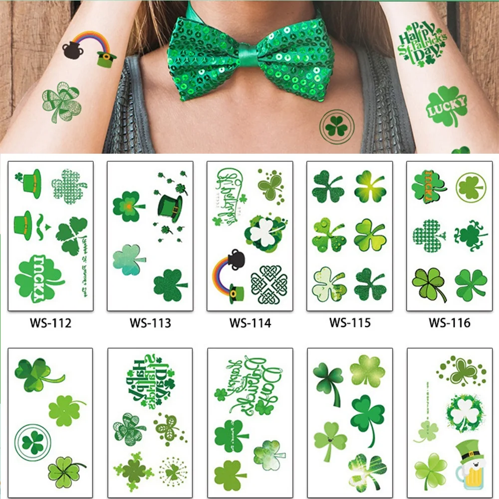 

20 kinds St. Patrick's Day Cartoon Tattoo Green Shamrocks Hat Leprechauns Temporary Body Sticker Disposable tatouage temporaire