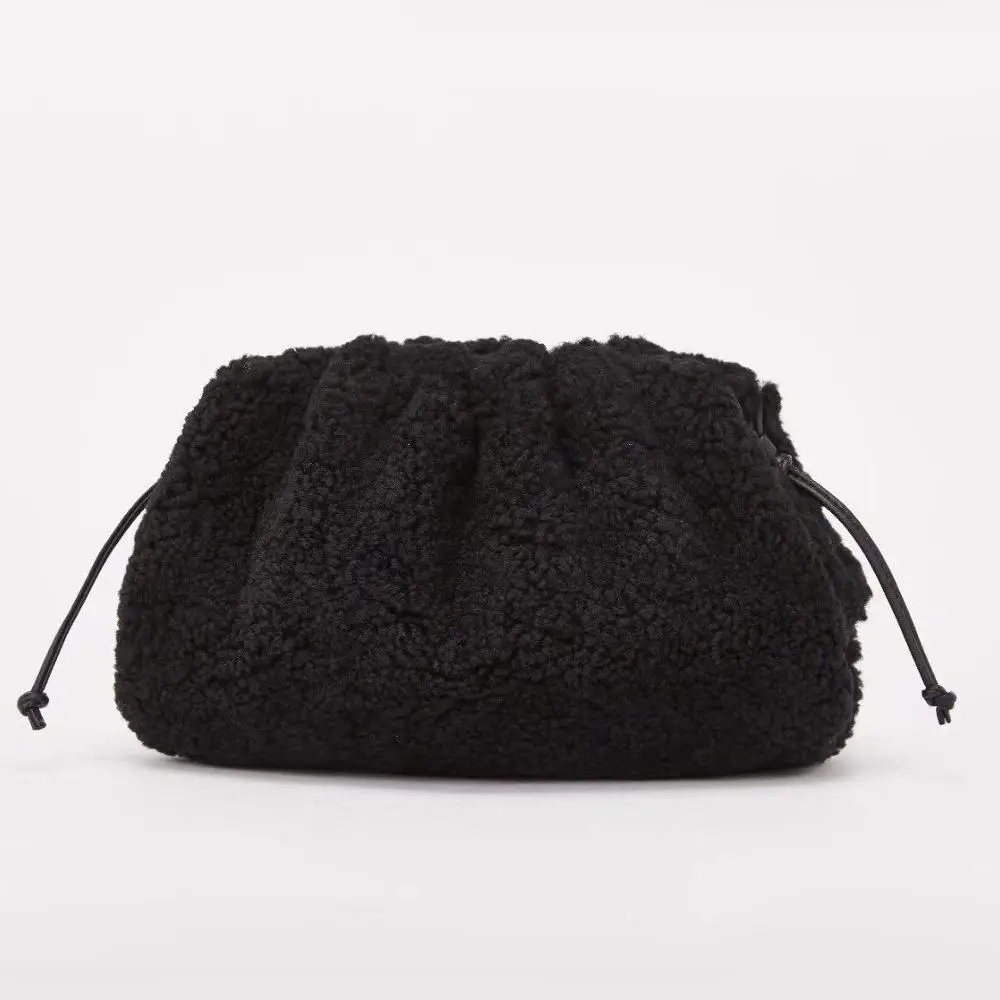 Зима, модные женские сумки в повседневном стиле, сумка-клатч, Сумка с облаком, сумочка из овечьей шерсти, дневной клатч на ремне через плечо - Цвет: Черный
