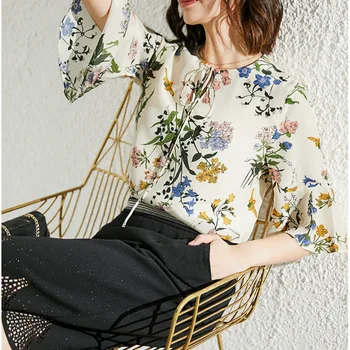 

New silk top lotus leaf mulberry silk shirt seven sleeve printed shirt style for women