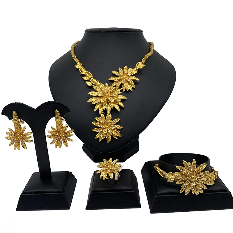 

Romantic Habesha Neck Chain 24K Gold plated filled jewelry sets for women Ornament Dubai necklace earrings African wife gifts