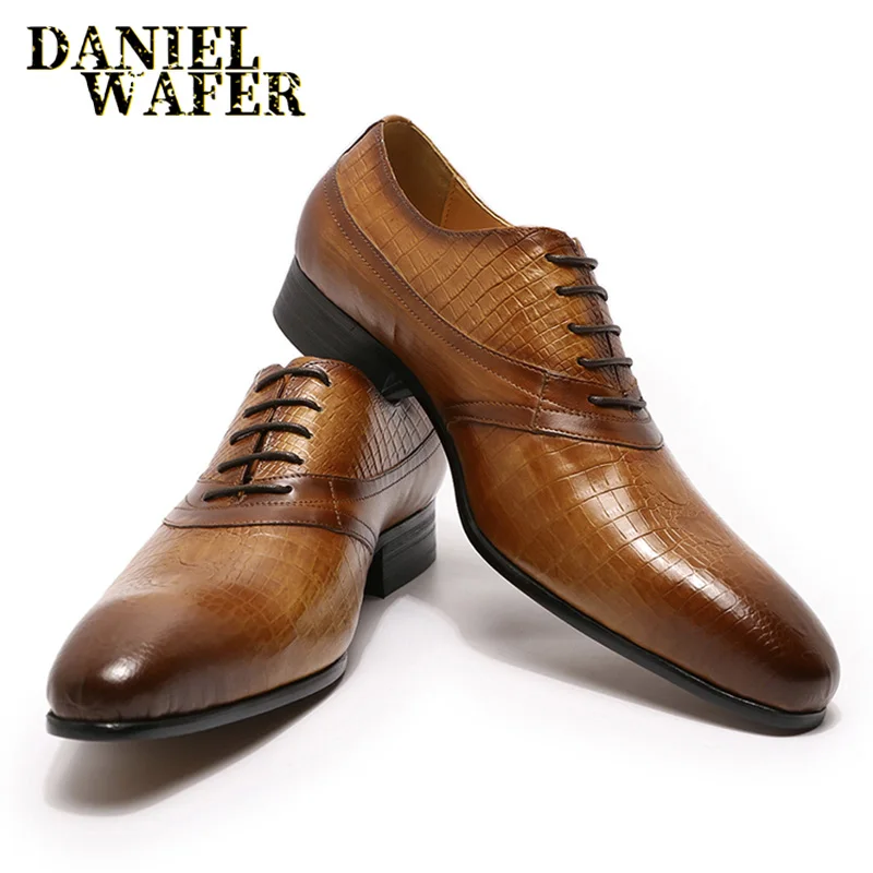 

LUXURY HANDMADE MEN OXFORD SHOES BLACK BROWN CROCODILE PRINTS LACE UP POINTED TOE OFFICE WEDDING DRESS FASHION MEN FORMAL SHOES