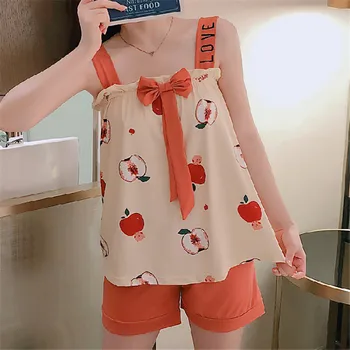 

Summer Sleepwear Set New Sling Shorts Dee Sexy Pajama Set Cute Women's Home Wear Print Pyjamas with Chest Pad young girl pajamas