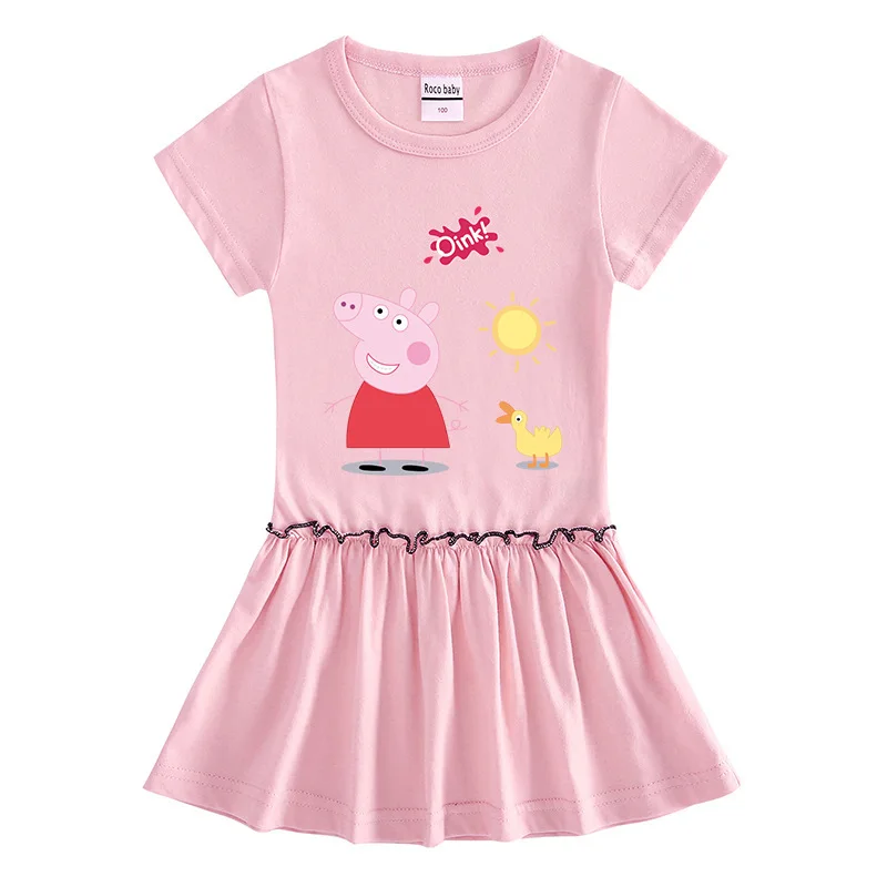 

Summer Peppa Pig Child Girl Short-Sleeve Dress Cotton Baby Cartoon Wooden Ear Pleated Cute Pink Yellow Purple Pink Blue Dress