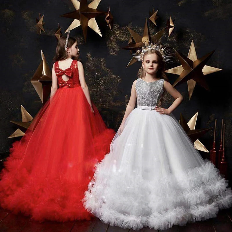 Красное Новогоднее платье для девочек; элегантное платье принцессы с блестками и открытой спиной; дизайнерские платья без рукавов для выпускного вечера; Модные Длинные Пышные Платья из тюля