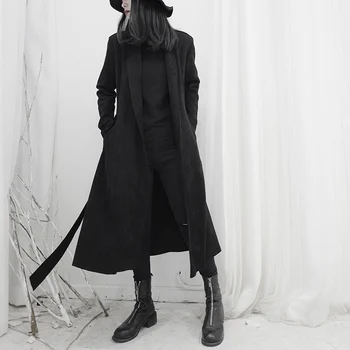 

Loose Women Black Suede Bandage Big Size Trench New Lapel Long Sleeve Loose Fit Windbreaker Fashion Tide Spring 2020 1S252Q