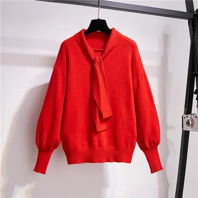 Only Sweater Вязаный пуловер; топы и шерстяные шорты; Женский комплект 2 шт.; сезон осень-зима; свитер с рукавами-фонариками и бантом; костюм со штанами; свободный пояс - Цвет: Only Sweater