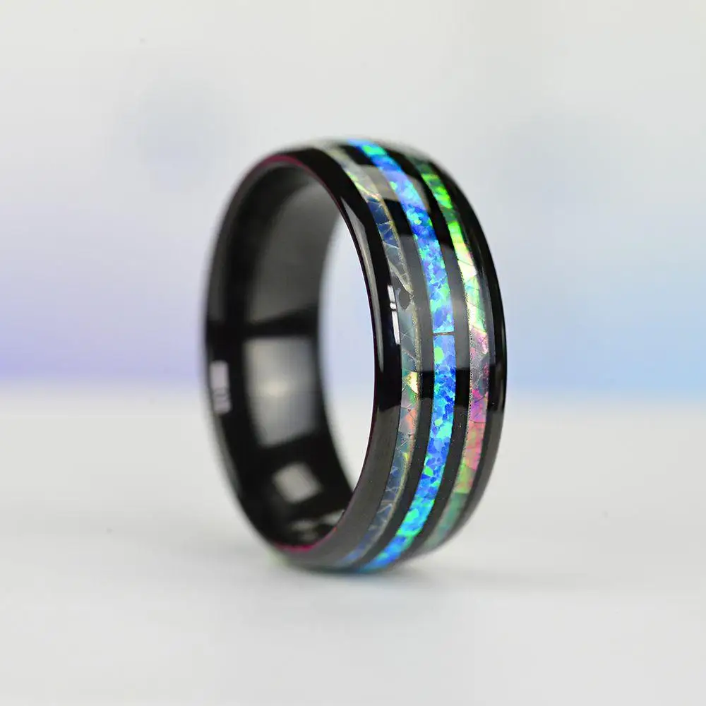 Elegant Rose Gold Tungsten Men's Wedding Ring with Abalone Shell & Blue Opal Inlay