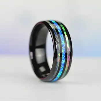 Fashion 8mm Rose Gold Color Tungsten Wedding Men Stainless Steel Rings Inlay Abalone Shell Blue