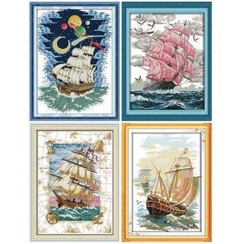 

HUACAN Cross Stitch Boat Landscape Counted DIY DMC Embroidery Scenery Needlework Set Home Decoration 14CT