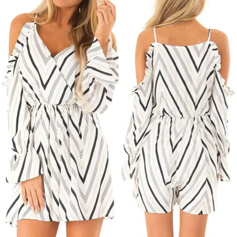 Sexy Women Boho Off Shoulder Long Sleeve Dress Deep V Neck Female Striped Printed High Waist Sundress | Женская одежда